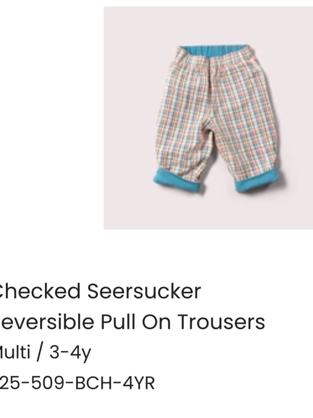 Little Green Radicals Checked Seersucker Trousers with Bright Blue Waistband 3-4